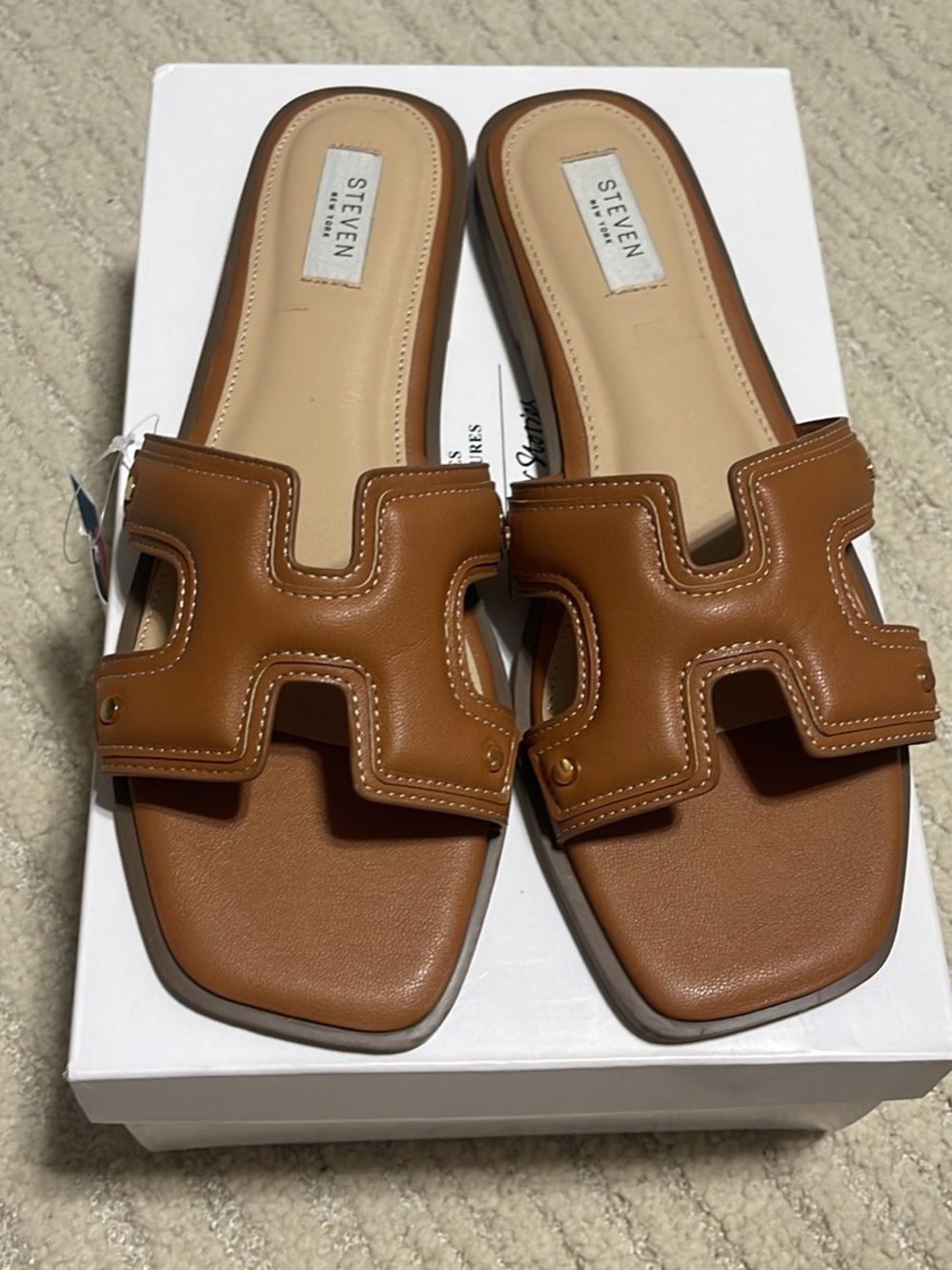 Steve Madden Cognac H-strap Leather Slide Sandals